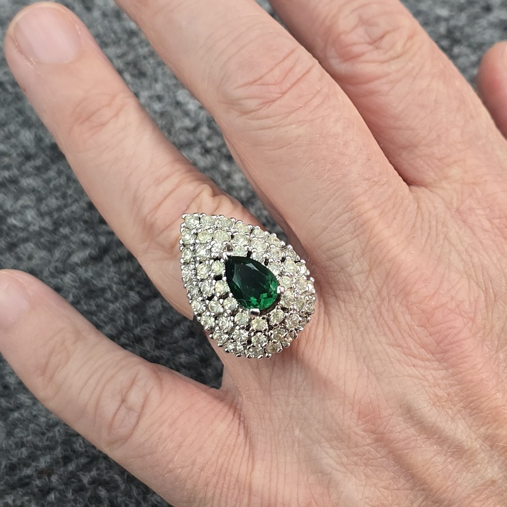 Vintage Panetta Sterling Silver Green Rhinestone Cocktail Ring Size 8 Signed - Picture 2 of 10